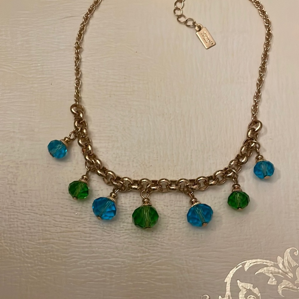 1928 Aqua & Green Bead Station Goldtone Necklace